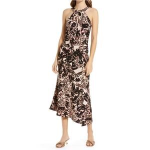 Halogen‎ Dress Womens Plus 1X Black Tan Halter Ruched Midi Asymmetric Resort